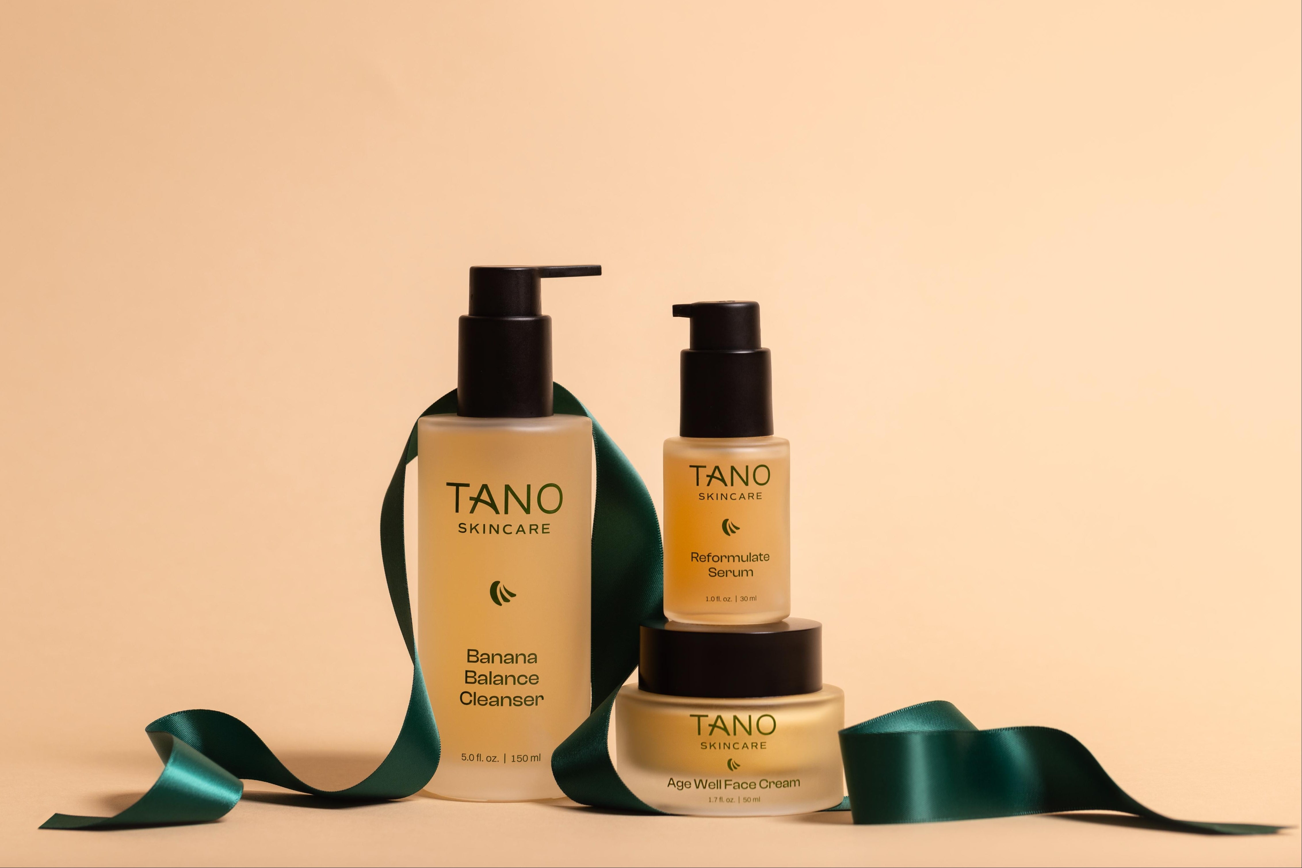 TANO skincare products on a beige background